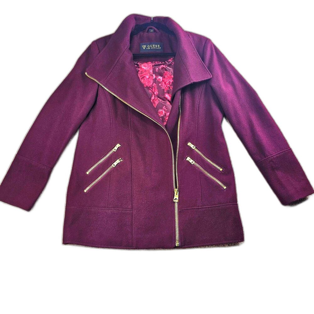 Guess LA Vintage Wool-Blend Moto-Style Gold Zip Detail Coat Wine Women's Large - Picture 3 of 12